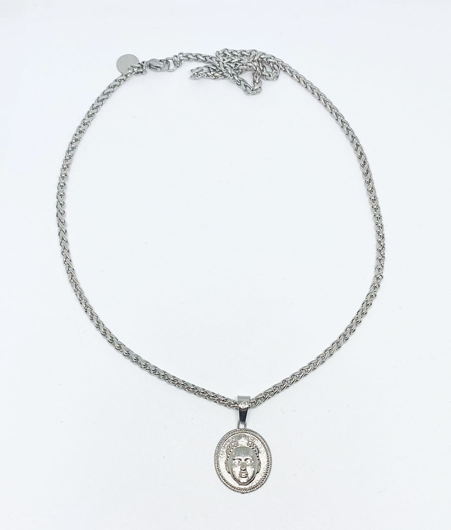 Circle cut Olokun Head with 3MM Wheat Chain (SILVER)