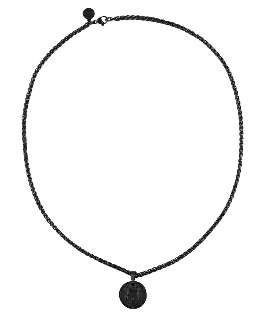 Circle cut Olokun Head with 3MM Wheat Chain (BLACK)