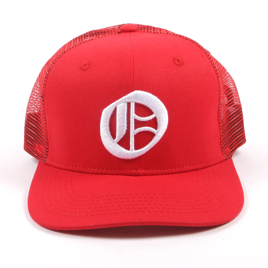 Red Olokun Varsity Mesh Cap with a slightly Curved Peak.