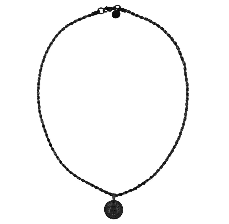 Circle cut Olokun Head with 3MM Rope Chain (BLACK)