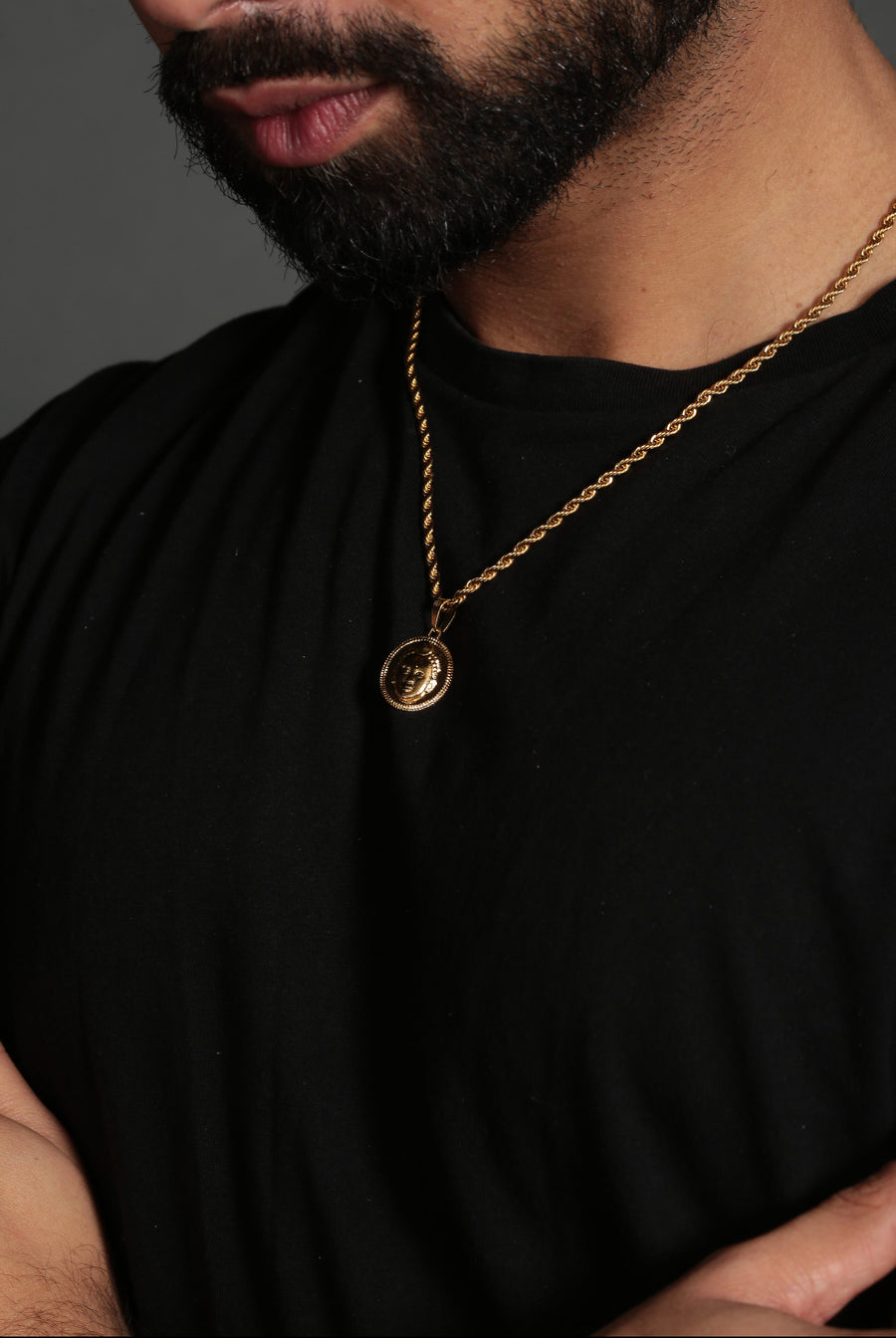 Circle cut Olokun Head with 3MM Rope Chain (GOLD)