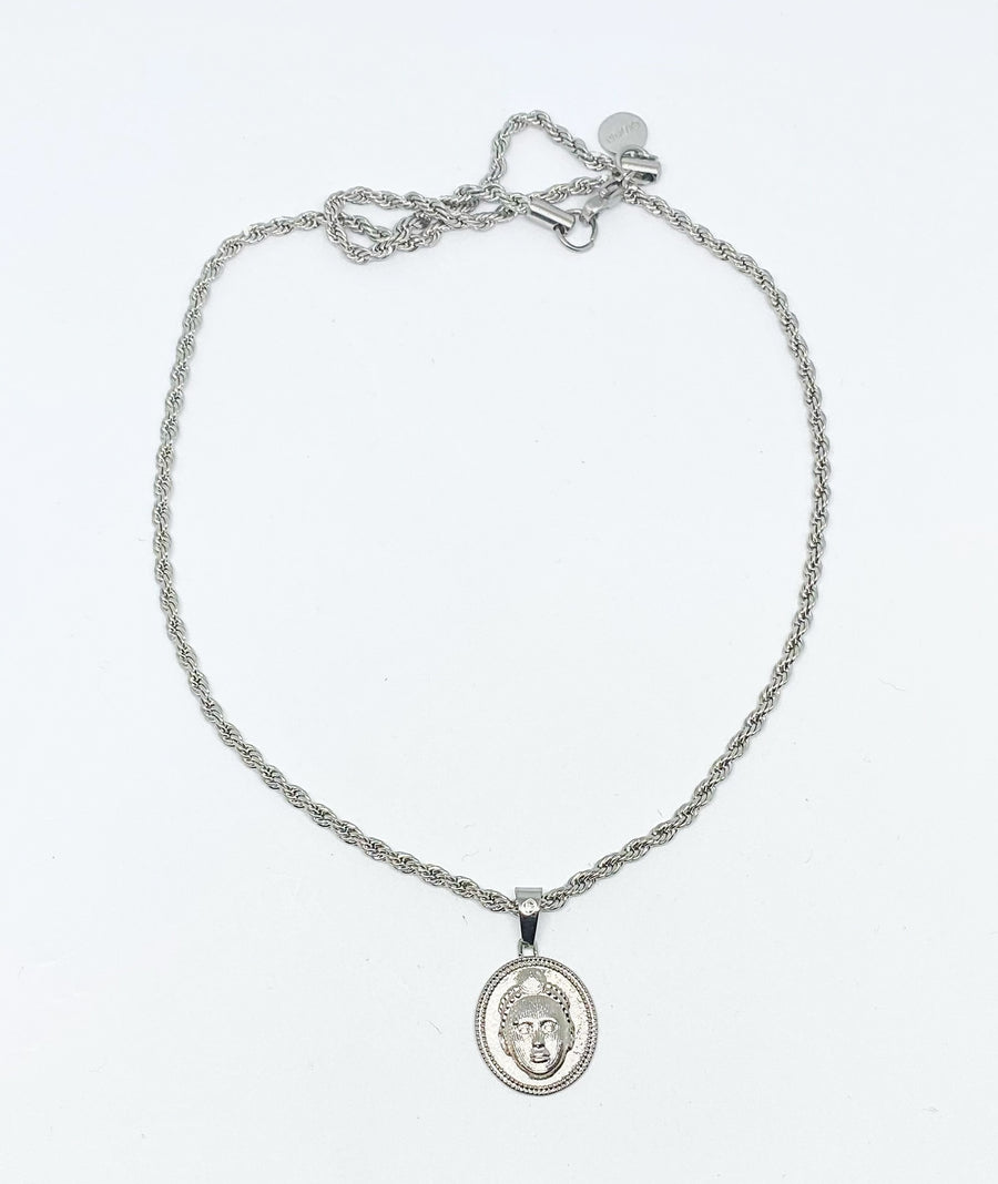 Circle cut Olokun Head with 3MM Rope Chain (SILVER)