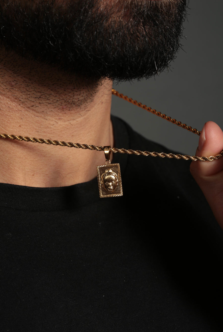 Rectangular cut Olokun Head with 3MM Rope Chain (GOLD