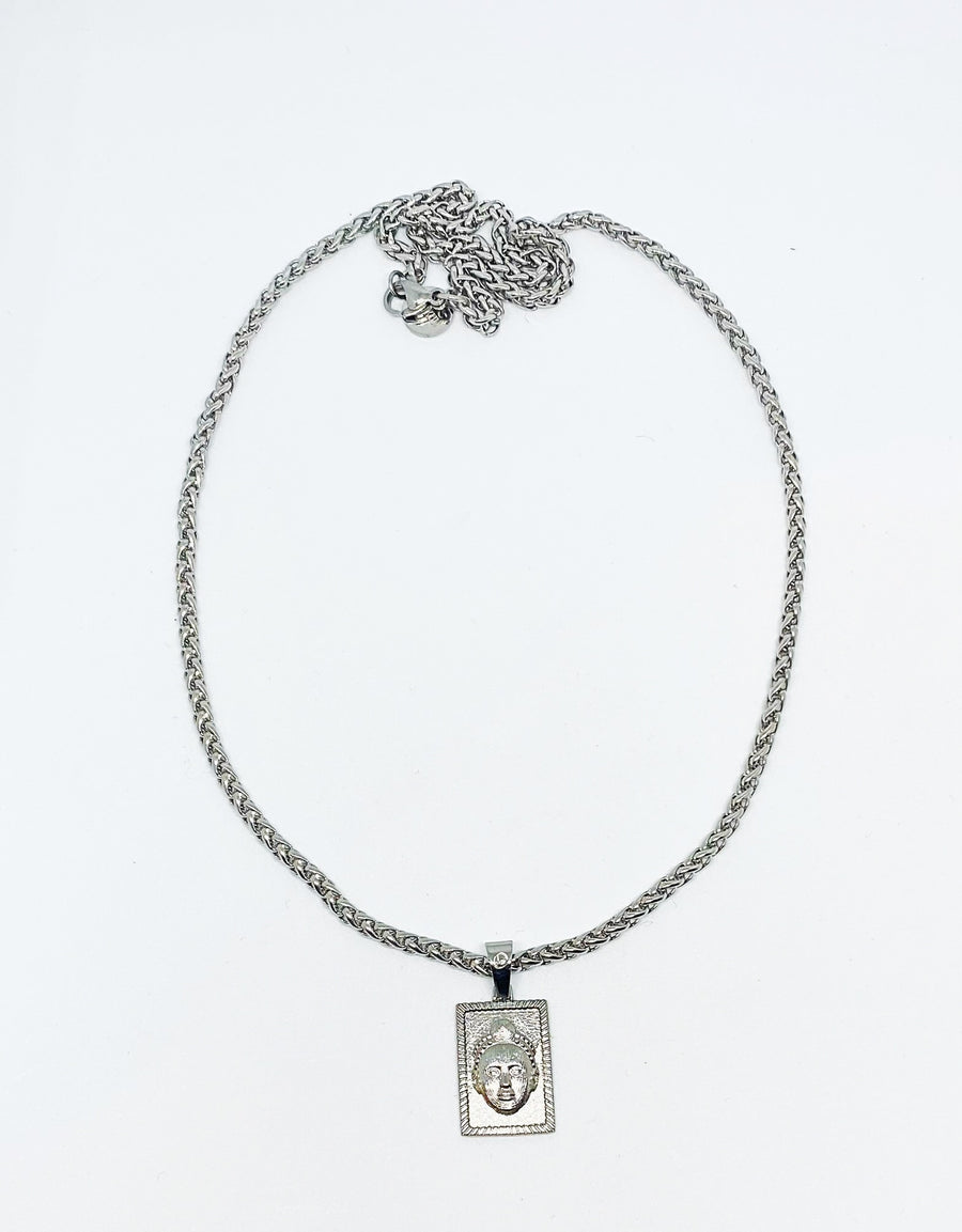 Rectangular cut Olokun Head with 3MM Wheat Chain (SILVER)