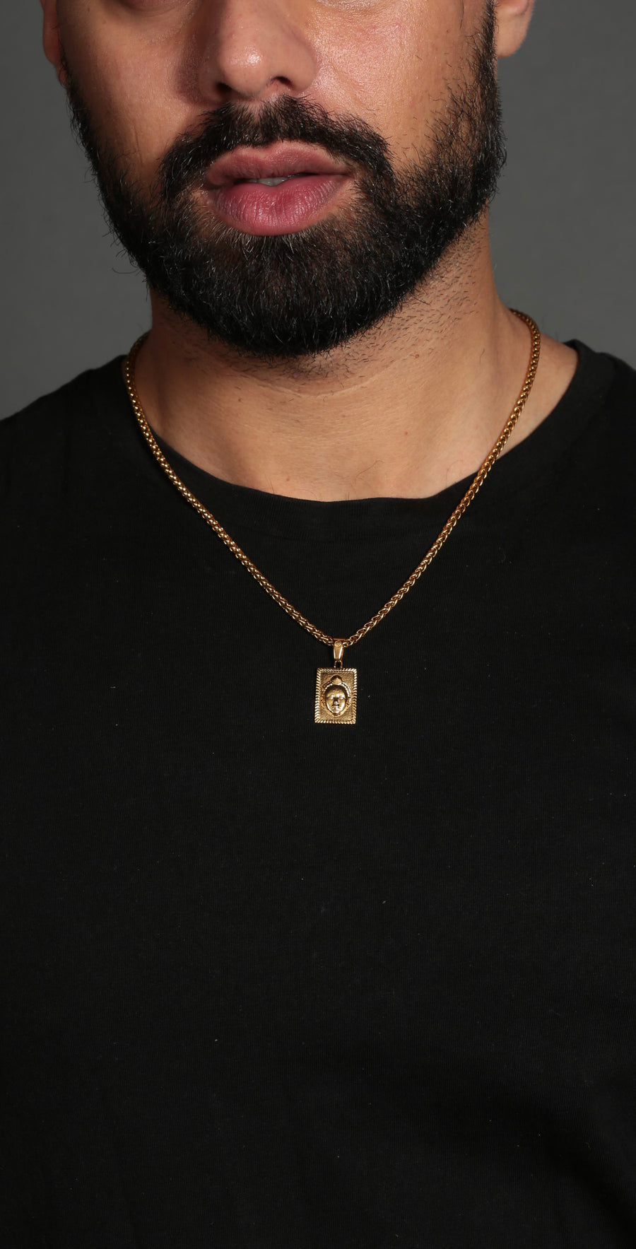 Rectangular cut Olokun Head with 3MM Wheat Chain (GOLD)