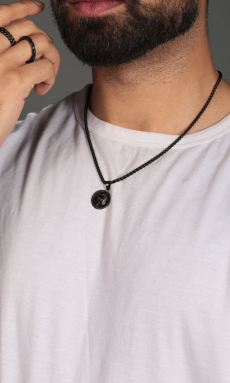 Circle cut Olokun Head with 3MM Wheat Chain (BLACK)