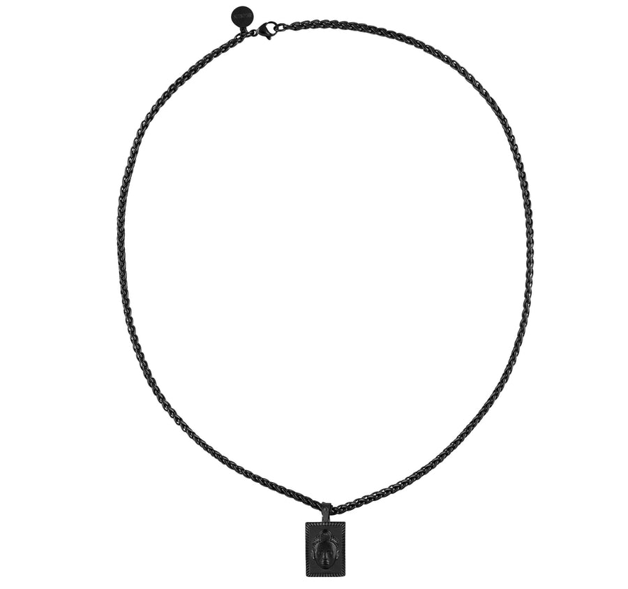 Rectangular cut Olokun Head with 3MM Wheat Chain (BLACK)