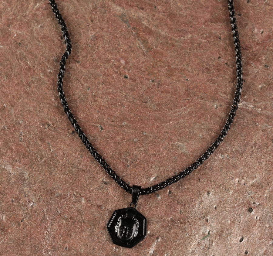 Heptagon cut Olokun Head with 3MM Wheat Chain (BLACK)